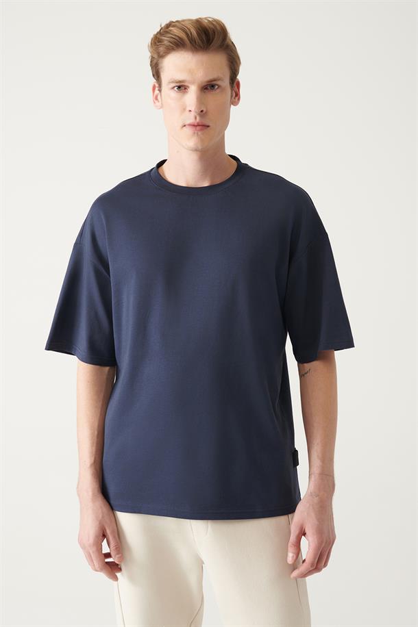 Lacivert Oversize Bisiklet  Yaka T-shirt