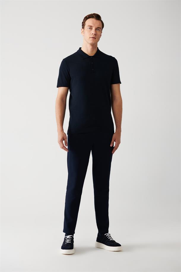 Lacivert Pamuklu Polo Yaka Regular Fit Standart Kesim İnce Triko T-Shirt