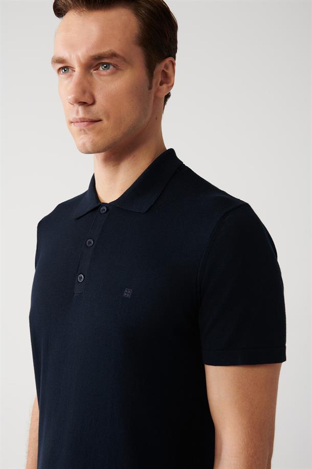 Lacivert Pamuklu Polo Yaka Regular Fit Standart Kesim İnce Triko T-Shirt