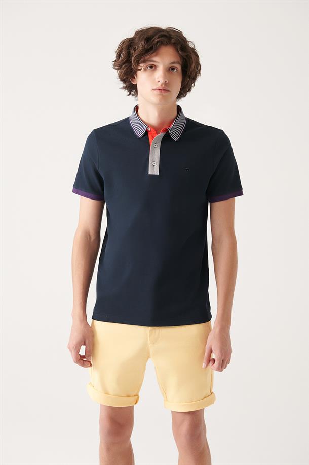 Lacivert Polo Yaka Yakası Şeritli  T-Shirt