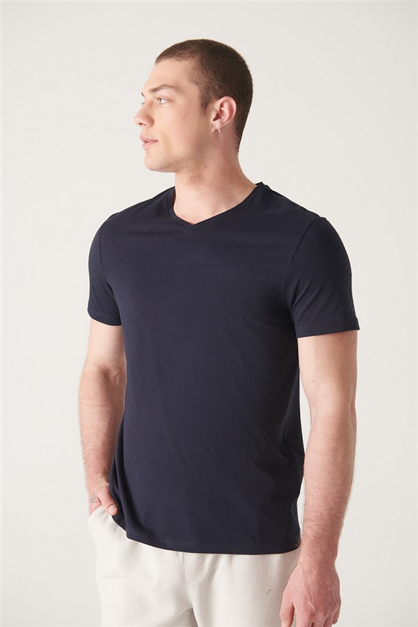 Lacivert V Yaka Düz T-Shirt