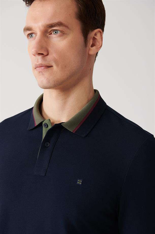 Lacivert Yakası  Çizglili Polo Yaka T-shirt
