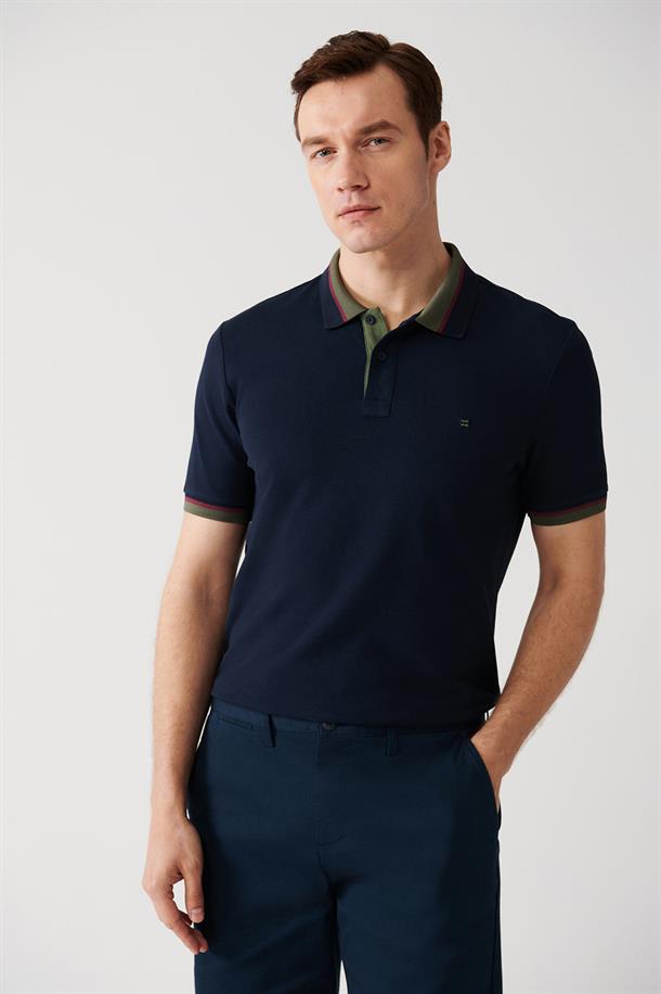 Lacivert Yakası  Çizglili Polo Yaka T-shirt