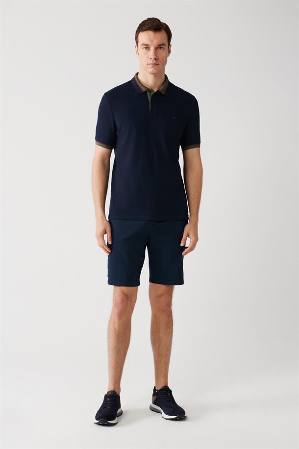 Lacivert Yakası  Çizglili Polo Yaka T-shirt