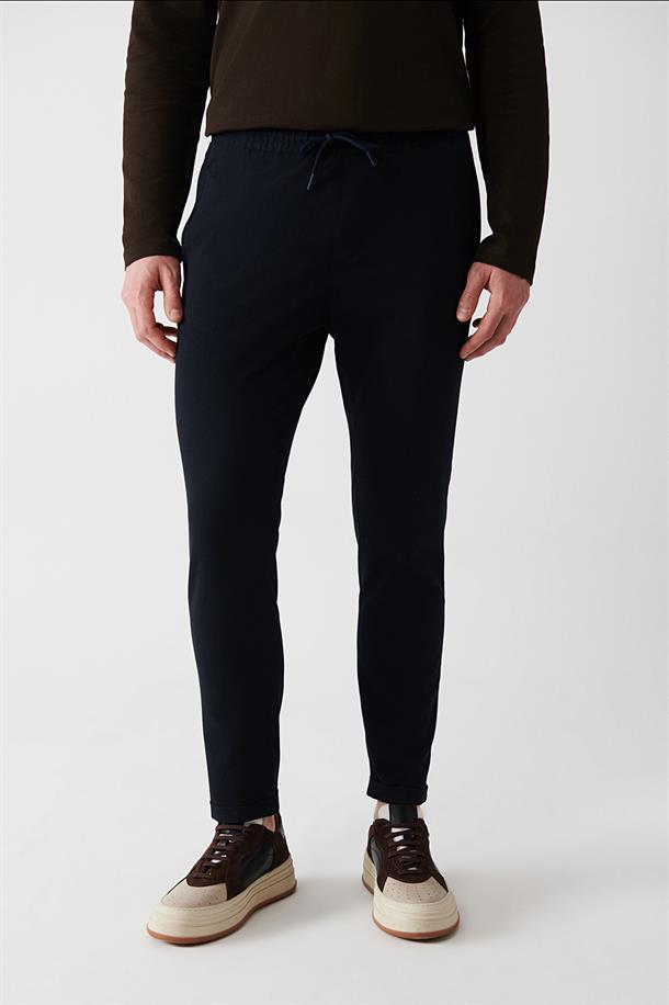 Lacivert Yandan Cepli Beli Lastikli Bağcıklı Duble Paça Relaxed Fit Jogger Pantolon