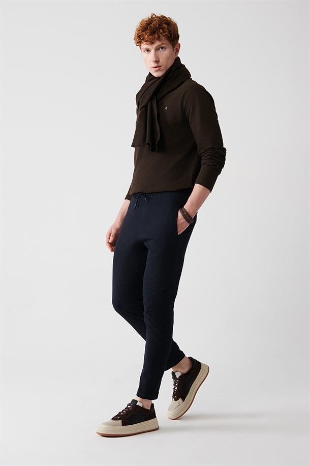 Lacivert Yandan Cepli Beli Lastikli Bağcıklı Duble Paça Relaxed Fit Jogger Pantolon