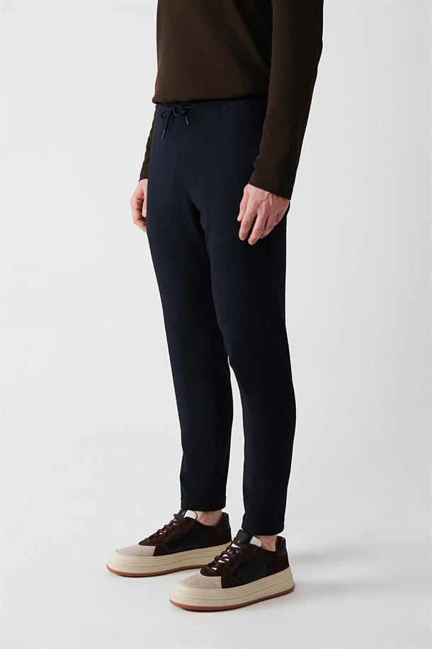 Lacivert Yandan Cepli Beli Lastikli Bağcıklı Duble Paça Relaxed Fit Jogger Pantolon