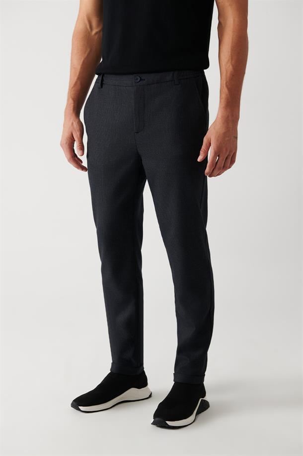 Lacivert Yanı Lastikli Dokulu Slim Fit Chino Pantolon