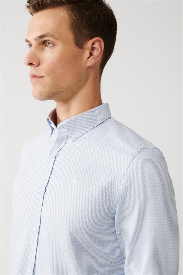 Mavi Alttan Britli Yaka Pamuklu Armürlü Slim Fit Gömlek