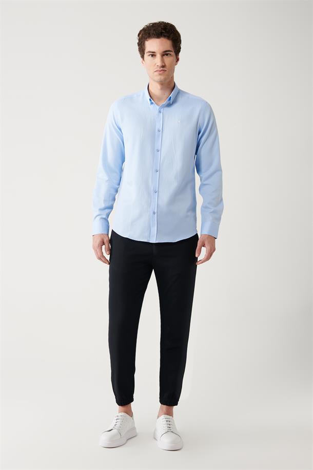 Mavi Alttan Britli Yaka Pamuklu Armürlü Slim Fit Gömlek