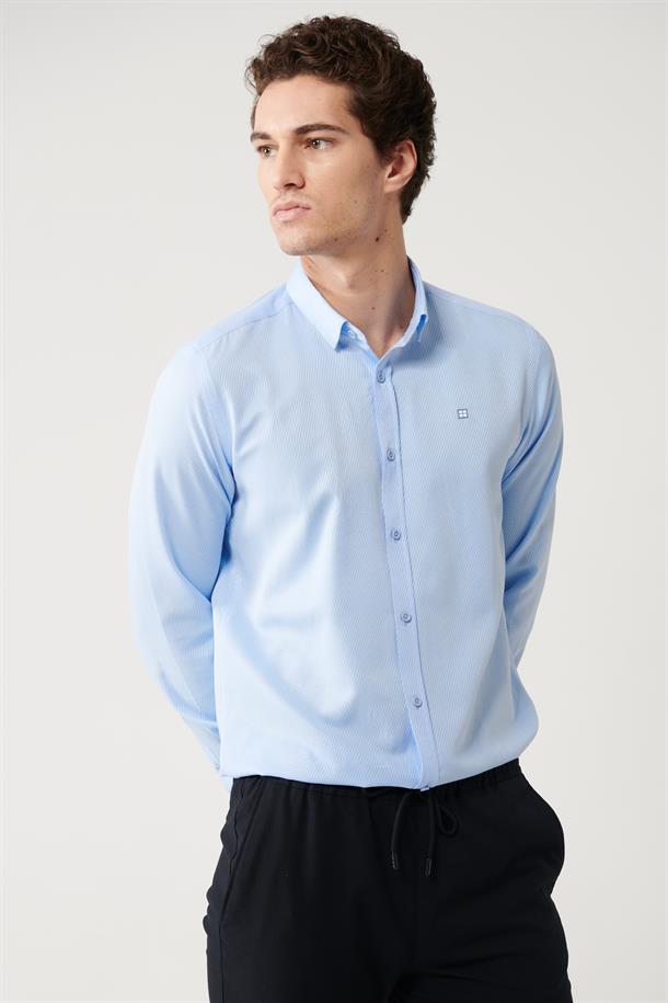 Mavi Alttan Britli Yaka Pamuklu Armürlü Slim Fit Gömlek