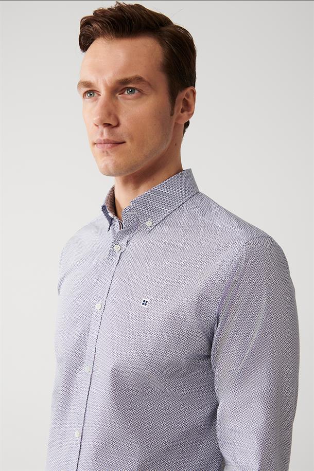 Mavi Düğmeli Yaka Desenli Şerit Detaylı Pamuk Karışımlı Slim Fit Gömlek