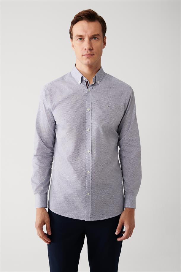 Mavi Düğmeli Yaka Desenli Şerit Detaylı Pamuk Karışımlı Slim Fit Gömlek