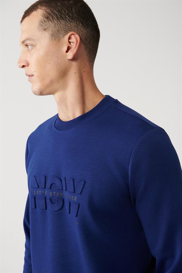 Saks İnterlok Kumaş Bisiklet Yaka Gofre Baskılı Sweatshirt