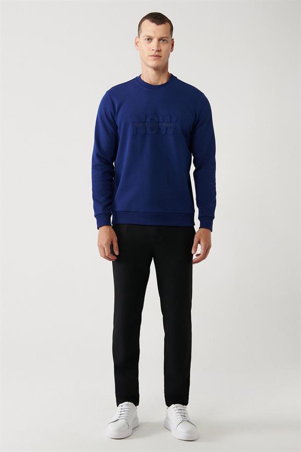 Saks İnterlok Kumaş Bisiklet Yaka Gofre Baskılı Sweatshirt
