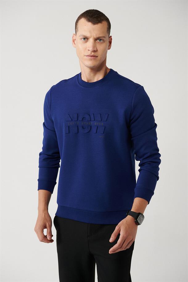 Saks İnterlok Kumaş Bisiklet Yaka Gofre Baskılı Sweatshirt
