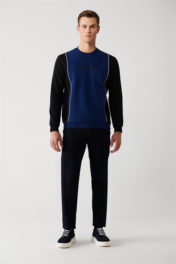 Saks Şardonlu Kumaş Bisiklet Yaka Slogan Baskılı ve Biyeli Sweatshirt