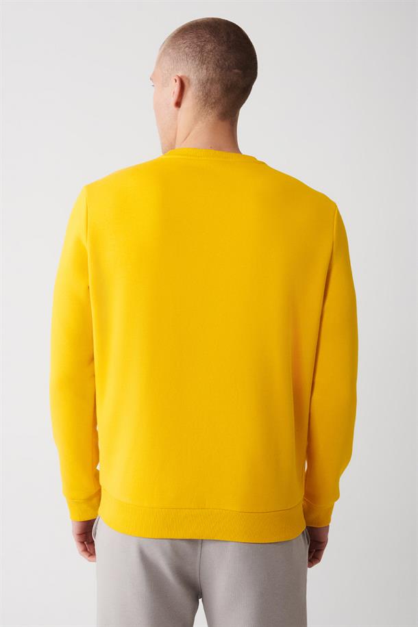 Sarı Bisiklet Yaka İçi Polarlı 3 İplik Pamuklu Regular Fit Standart Kesim Unisex Sweatshirt