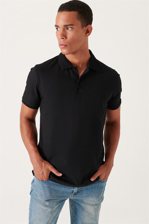 Siyah %100 Pamuk Regular Fit 3 Düğmeli Polo Yaka T-Shirt