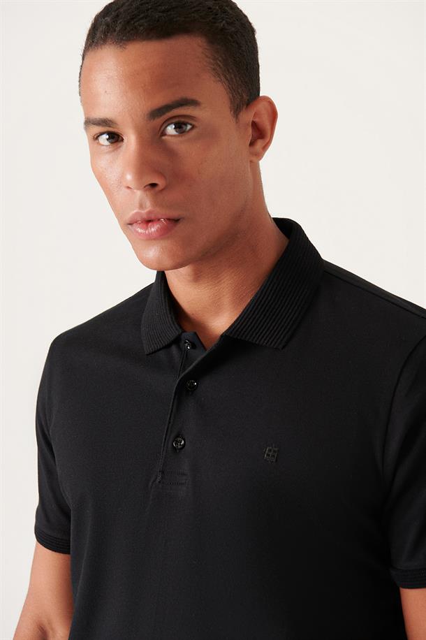 Siyah %100 Pamuk Regular Fit 3 Düğmeli Polo Yaka T-Shirt