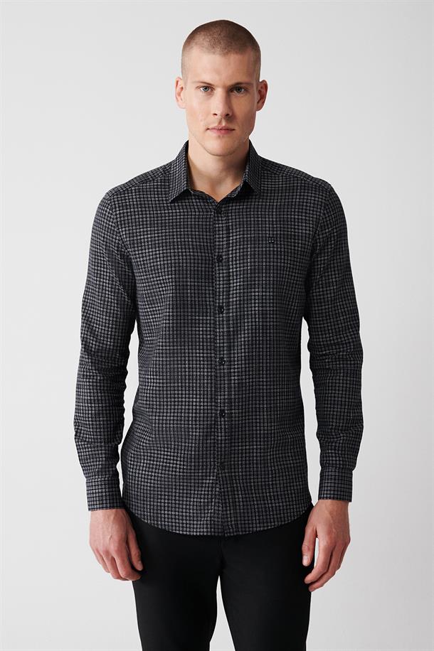 Siyah Alttan Britli Armürlü Pamuklu Slim Fit Gömlek