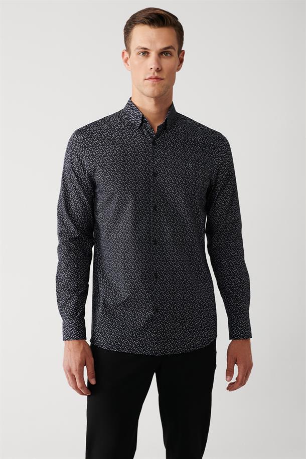 Siyah Alttan Britli Yaka Desenli Pamuklu Slim Fit Gömlek