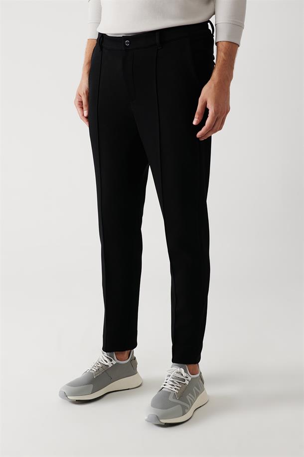 Siyah Arka Beli Lastikli Fleto Cep Fermuar Detaylı Örme Slim Fit Chino Pantolon