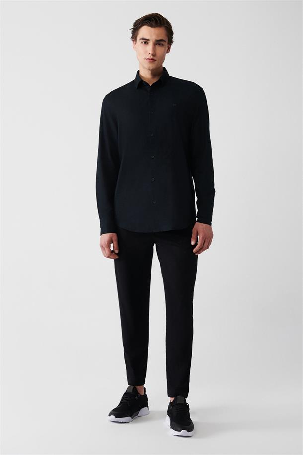 Siyah Armürlü %100 Pamuk Regular Fit Oxford Gömlek