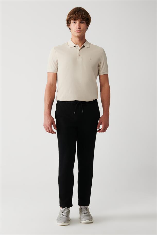 Siyah Beli Lastikli Bağcıklı Örme Relaxed Fit Jogger Pantolon