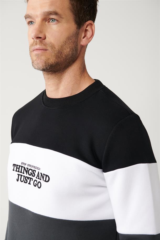 Siyah-Beyaz-Antrasit Bisiklet Yaka Parçalı Sweatshirt