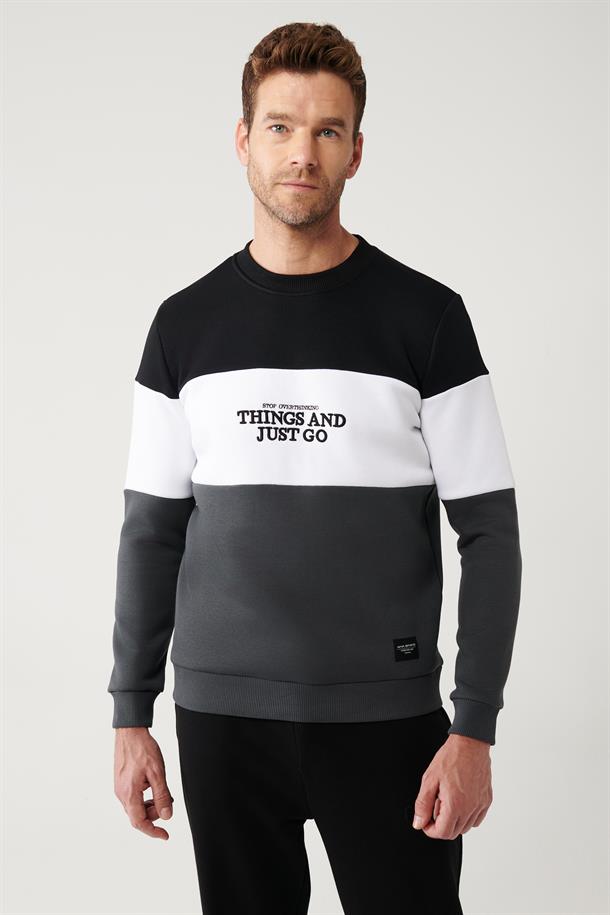 Siyah-Beyaz-Antrasit Bisiklet Yaka Parçalı Sweatshirt