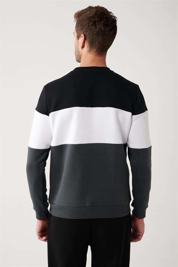 Siyah-Beyaz-Antrasit Bisiklet Yaka Parçalı Sweatshirt