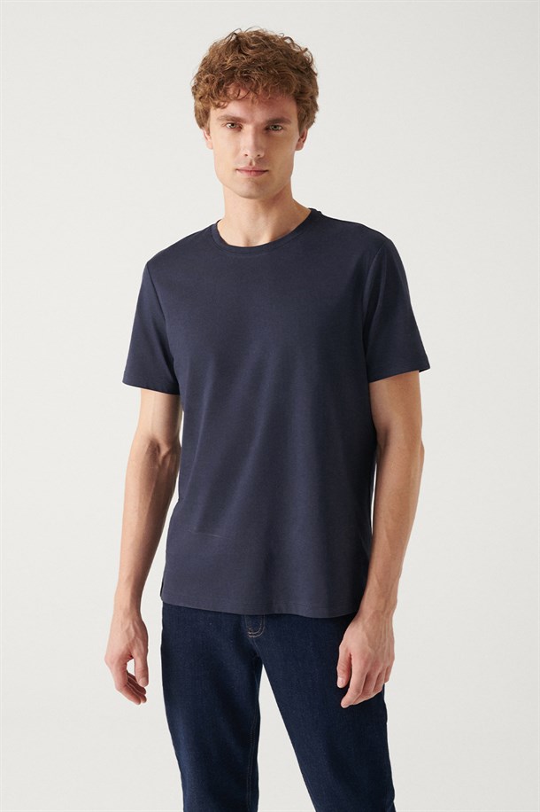 Siyah-Beyaz-Lacivert 3'lü Bisiklet Yaka Düz T-Shirt