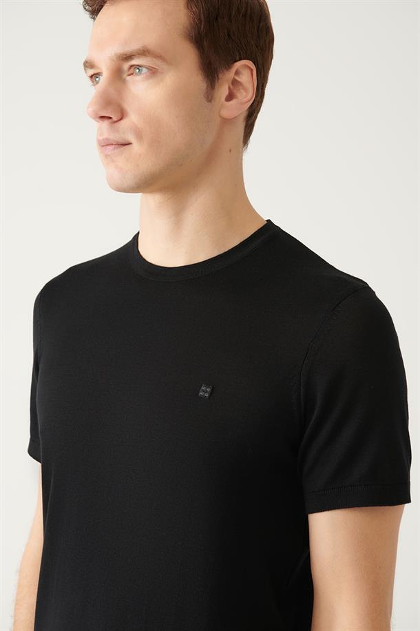 Siyah Bisiklet Yaka Basic Triko T-shirt