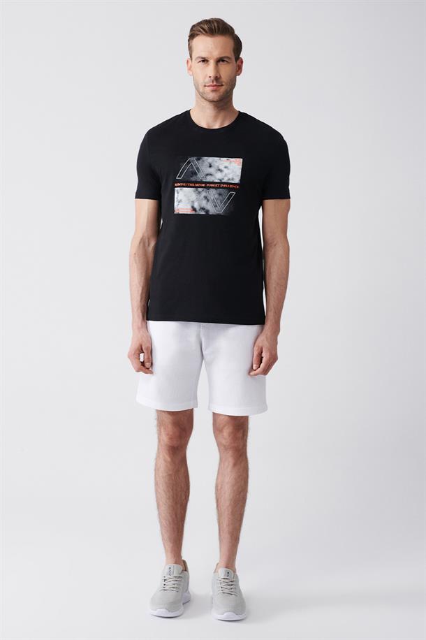 Siyah Bisiklet Yaka Baskılı  Oversize T-Shirt