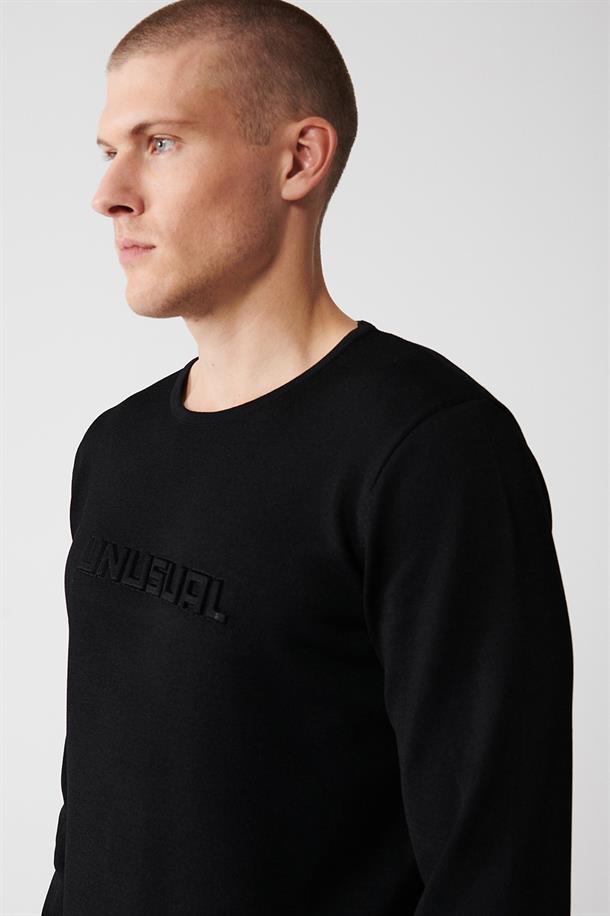 Siyah Bisiklet Yaka Baskılı Rayon Kazak