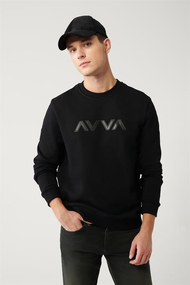 Siyah Bisiklet Yaka Baskılı Sweatshirt