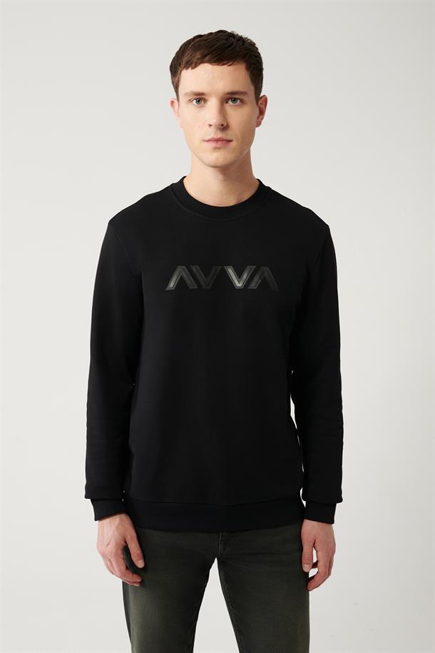 Siyah Bisiklet Yaka Baskılı Sweatshirt