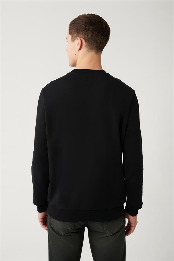 Siyah Bisiklet Yaka Baskılı Sweatshirt