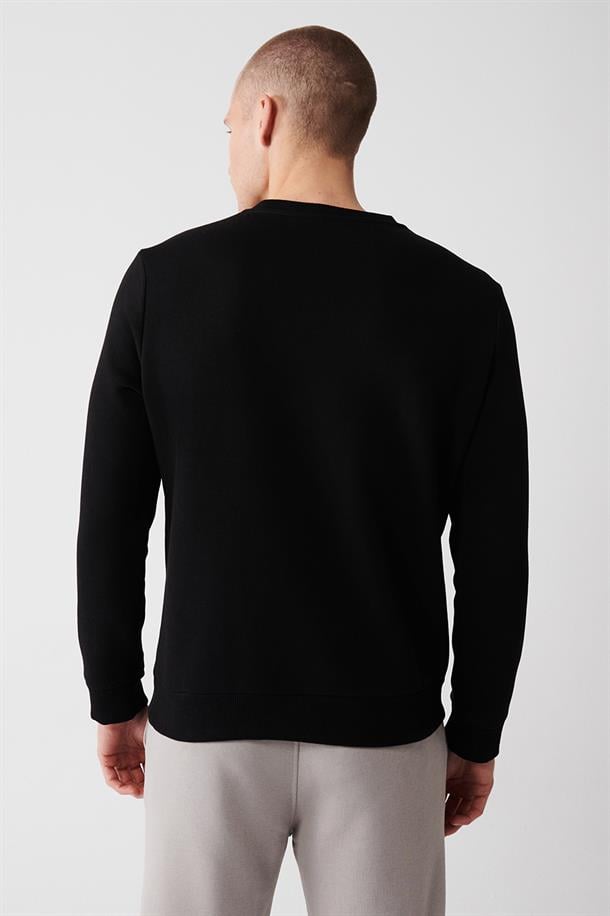 Siyah Bisiklet Yaka İçi Polarlı 3 İplik Pamuklu Regular Fit Standart Kesim Unisex Sweatshirt