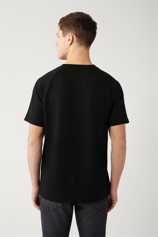 Siyah Bisiklet Yaka Kamuflaj Fleksi Baskılı Reglan Kol T-shirt