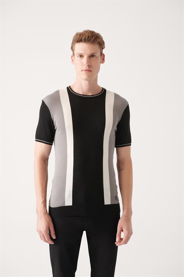 Siyah Bisiklet Yaka Renk Bloklu Triko T-shirt