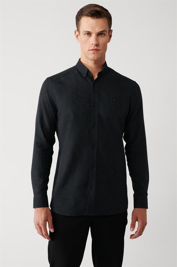 Siyah Düğmeli Yaka Dokulu Pamuklu Slim Fit Gömlek