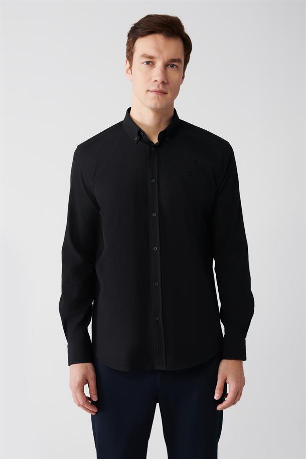 Siyah Düğmeli Yaka Seersucker Pamuklu Comfort Fit Gömlek