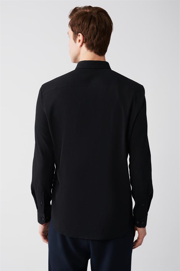 Siyah Düğmeli Yaka Seersucker Pamuklu Comfort Fit Gömlek