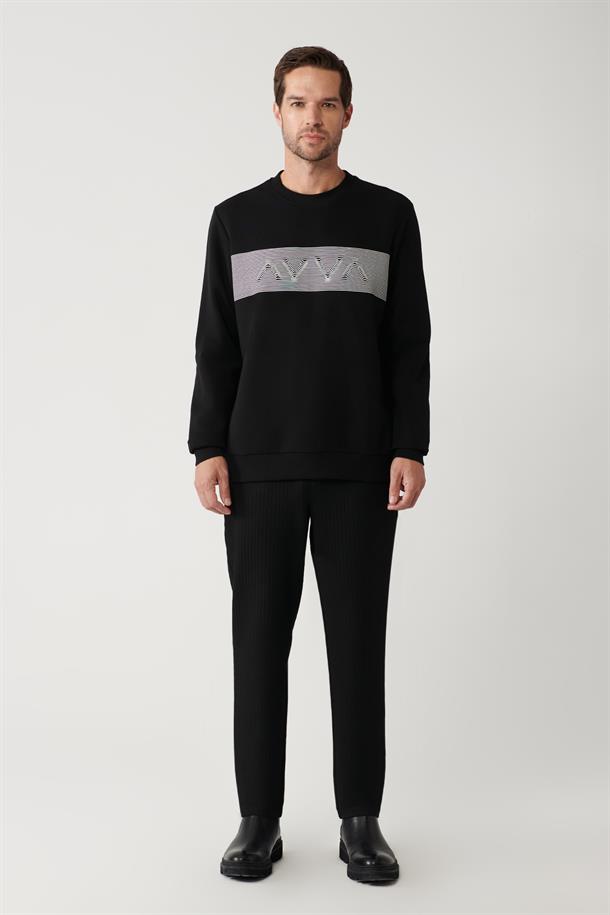 Siyah İnterlok Kumaş Bisiklet Yaka Baskılı Sweatshirt