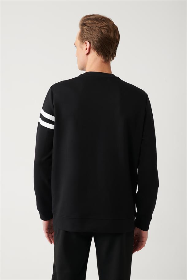 Siyah İnterlok Kumaş Bisiklet Yaka Baskılı Sweatshirt