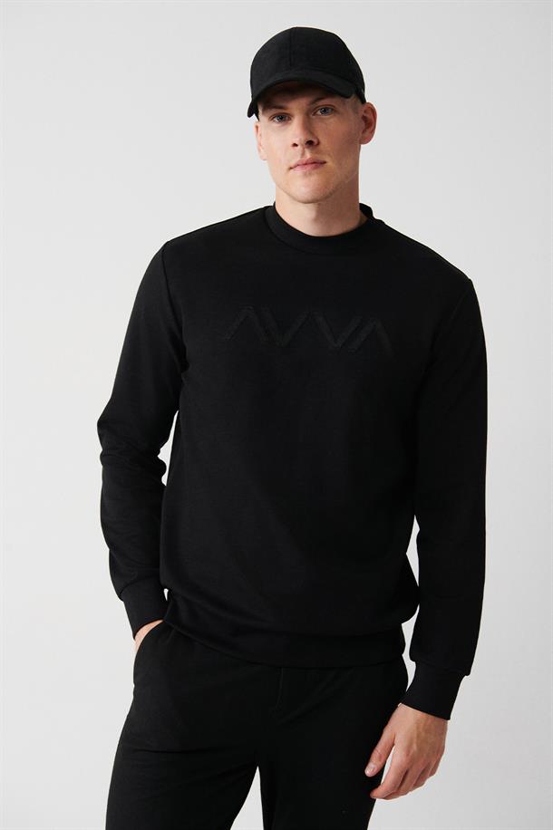 Siyah İnterlok Kumaş Bisiklet Yaka Baskılı Sweatshirt