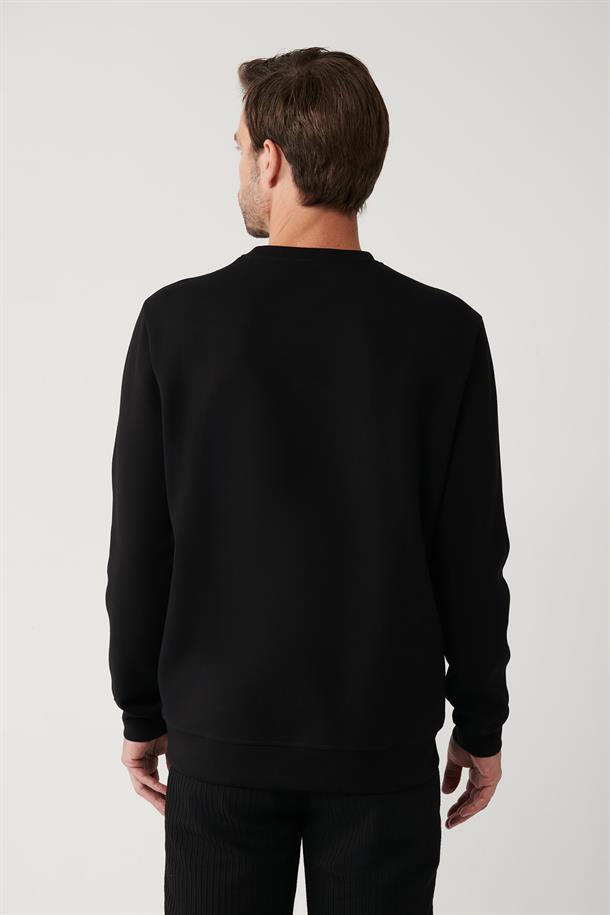 Siyah İnterlok Kumaş Bisiklet Yaka Baskılı Sweatshirt