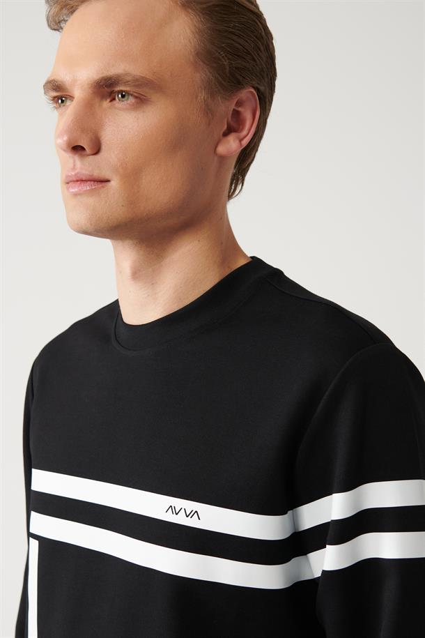 Siyah İnterlok Kumaş Bisiklet Yaka Baskılı Sweatshirt
